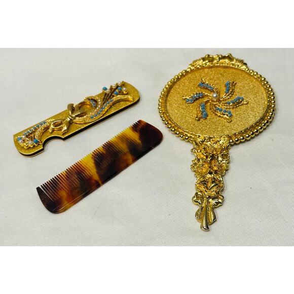 MIRELLA Ornate Gold Plated Hand Mirror and Travel Comb Set vanity set Vtg - Picture 1 of 9